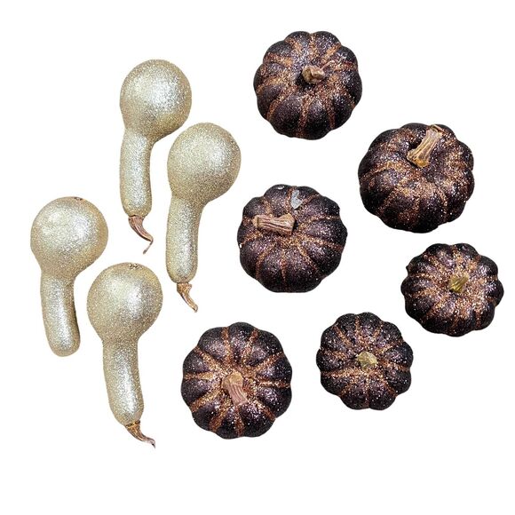 Lot of 10 Small Squash Pumpkins Sugared Glitter 10 Pcs Autumn Fall Thanksgiving - Picture 2 of 10